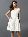 A-Line/Princess V-neck Lace Sleeveless Short Satin Bridesmaid Dresses TPP0005415