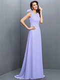A-Line/Princess Bateau Hand-Made Flower Sleeveless Long Chiffon Bridesmaid Dresses TPP0005638