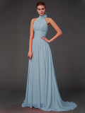A-Line/Princess Halter Sleeveless Hand-Made Flower Long Chiffon Bridesmaid Dresses TPP0004909