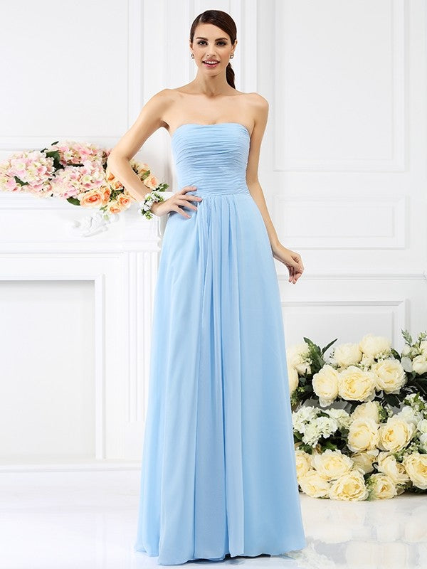 A-Line/Princess Strapless Pleats Sleeveless Long Chiffon Bridesmaid Dresses TPP0005732