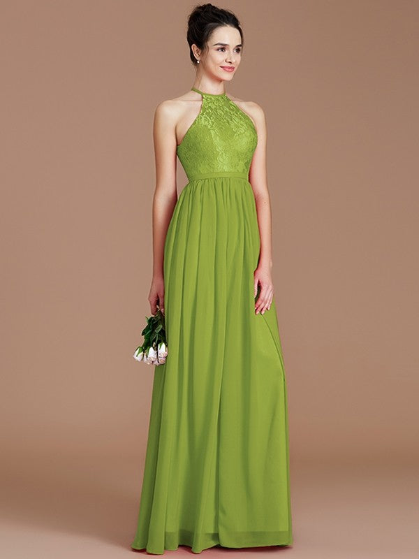 A-Line/Princess Halter Sleeveless Lace Floor-Length Chiffon Bridesmaid Dresses TPP0005320