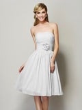 A-Line/Princess Strapless Sleeveless Hand-Made Flower Short Chiffon Bridesmaid Dresses TPP0005295