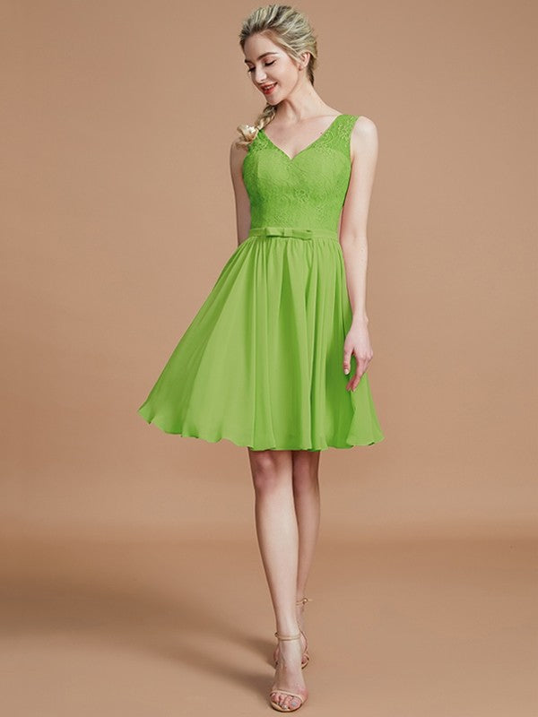A-Line/Princess V-neck Sleeveless Lace Short/Mini Chiffon Bridesmaid Dresses TPP0005355