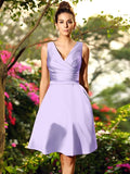 A-Line/Princess V-neck Ruched Sleeveless Short Satin Bridesmaid Dresses TPP0005404