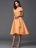 A-Line/Princess Off-the-Shoulder Sleeveless High Low Satin Bridesmaid Dresses TPP0005211