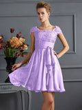 A-Line/Princess Scoop Short Sleeves Lace Short Chiffon Bridesmaid Dresses TPP0005086