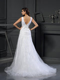 A-Line/Princess V-neck Beading Sleeveless Long Satin Wedding Dresses TPP0006498