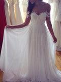 A-Line/Princess Sleeveless Off-the-Shoulder Sweep/Brush Train Applique Lace Chiffon Wedding Dresses TPP0006360