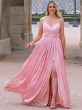 A-Line/Princess Spaghetti Straps Silk like Satin Applique Sleeveless Floor-Length Dresses TPP0004840