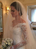 Sheath/Column Long Sleeves Lace Off-the-Shoulder Court Train Wedding Dresses TPP0005950