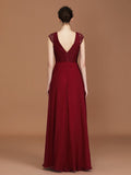 A-Line/Princess Lace Short Sleeves Chiffon Ruched V-neck Floor-Length Bridesmaid Dresses TPP0005649