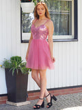 A-Line/Princess Sleeveless Tulle Sequin Spaghetti Straps Short/Mini Homecoming Dresses TPP0004827