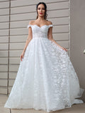 A-Line/Princess Tulle Applique Off-the-Shoulder Sleeveless Sweep/Brush Train Wedding Dresses TPP0006123