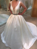 A-Line/Princess Court Train Satin V-neck Sleeveless Wedding Dresses TPP0006163