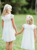 A-Line/Princess Short Sleeves Scoop Knee-Length Lace Chiffon Flower Girl Dresses TPP0007814