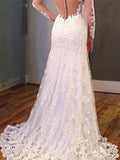 Trumpet/Mermaid Long Sleeves V-neck Sweep/Brush Train Applique Lace Wedding Dresses TPP0006226