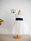 A-line/Princess Scoop Bowknot Sleeveless Tea-Length Tulle Flower Girl Dresses TPP0007839