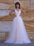 A-Line/Princess Lace Applique V-neck Sleeveless Sweep/Brush Train Wedding Dresses TPP0006061