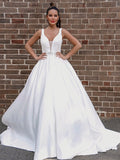 A-Line/Princess Satin V-neck Beading Sleeveless Court Train Wedding Dresses TPP0006109