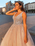 Ball Gown Tulle V-neck Beading Sleeveless Floor-Length Dresses TPP0001395