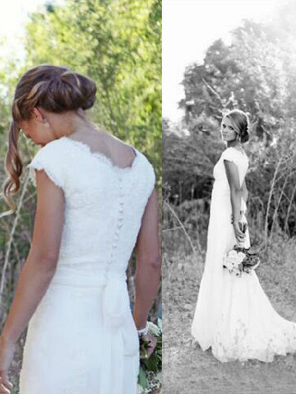A-Line/Princess Tulle Lace V-neck Sleeveless Sweep/Brush Train Wedding Dresses TPP0006359