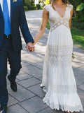 A-Line/Princess Lace V-neck Ruched Short Sleeves Floor-Length Wedding Dresses TPP0005893
