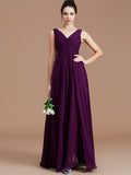 A-Line/Princess V-neck Sleeveless Ruched Floor-Length Chiffon Bridesmaid Dresses TPP0005504