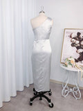 Sheath/Column Ruffles Silk like Satin Sleeveless One-Shoulder Asymmetrical Bridesmaid Dresses TPP0005288
