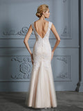 Trumpet/Mermaid Scoop Sleeveless Tulle Applique Floor-Length Wedding Dresses TPP0006351