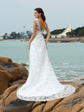 A-Line/Princess Straps Applique Sleeveless Long Satin Beach Wedding Dresses TPP0006835