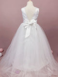 A-Line/Princess Tulle Bowknot Scoop Sleeveless Floor-Length Flower Girl Dresses TPP0007939