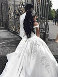 Ball Gown Off-the-Shoulder Sleeveless Sweep/Brush Train Applique Satin Wedding Dresses TPP0006460