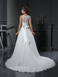 A-Line/Princess High Neck Beading Sleeveless Long Satin Wedding Dresses TPP0006597