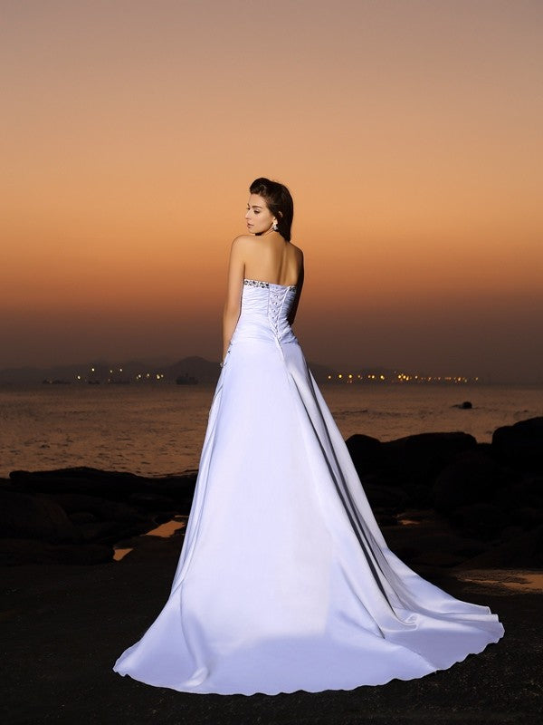 A-Line/Princess Strapless Beading Sleeveless Long Satin Beach Wedding Dresses TPP0006291