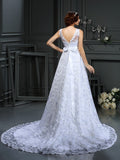 A-Line/Princess V-neck Lace Sleeveless Long Satin Wedding Dresses TPP0006717