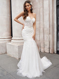 Trumpet/Mermaid Tulle Sweetheart Applique Sleeveless Court Train Wedding Dresses TPP0006010