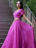 A-Line/Princess Tulle V-neck Beading Short Sleeves Floor-Length Two Piece Dresses TPP0004767