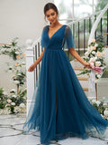A-Line/Princess Tulle Ruffles V-neck Short Sleeves Floor-Length Bridesmaid Dresses TPP0004963