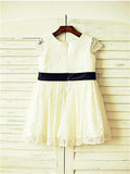 A-line/Princess Scoop Short Sleeves Hand-made Flower Tea-Length Lace Flower Girl Dresses TPP0007929
