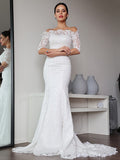 Sheath/Column Lace Ruffles Off-the-Shoulder 1/2 Sleeves Sweep/Brush Train Wedding Dresses TPP0005995