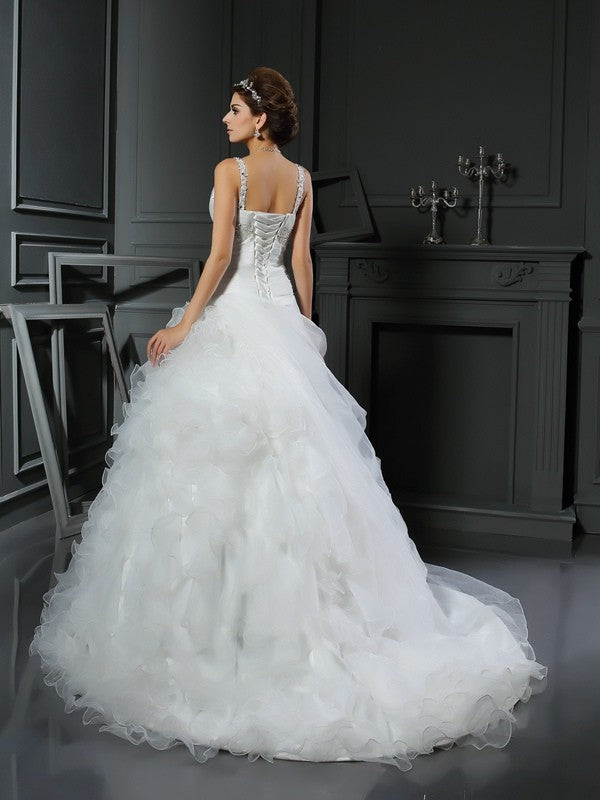 Ball Gown V-neck Ruffles Sleeveless Long Organza Wedding Dresses TPP0006578