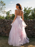 A-Line/Princess Tulle Ruffles V-neck Sleeveless Floor-Length Dresses TPP0001569
