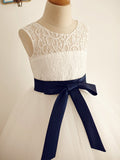 A-Line/Princess Tulle Sash/Ribbon/Belt Scoop Sleeveless Tea-Length Flower Girl Dresses TPP0007803