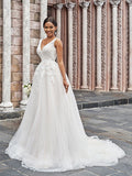 A-Line/Princess V-neck Tulle Applique Sleeveless Sweep/Brush Train Wedding Dresses TPP0005971