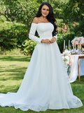 A-Line/Princess Tulle Ruffles Off-the-Shoulder Long Sleeves Sweep/Brush Train Wedding Dresses TPP0005922
