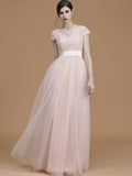 A-Line/Princess Bateau Short Sleeves Floor-Length Sash/Ribbon/Belt Tulle Bridesmaid Dresses TPP0005494