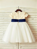 A-line/Princess Scoop Short Sleeves Bowknot Tea-Length Tulle Flower Girl Dresses TPP0007878