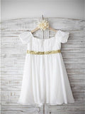 A-line/Princess Bateau Short Sleeves Beading Tea-Length Chiffon Flower Girl Dresses TPP0007832
