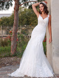 Trumpet/Mermaid Tulle V-neck Sleeveless Applique Sweep/Brush Train Wedding Dresses TPP0005899