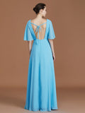 A-Line/Princess V-neck 1/2 Sleeves Floor-Length Chiffon Bridesmaid Dresses TPP0005759